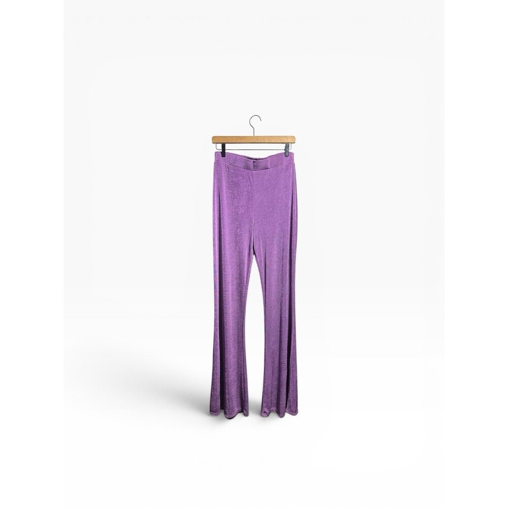 Y2K Metallic Purple Flare Pants Women's XL Shimmer Disco Rave Festival Stretch